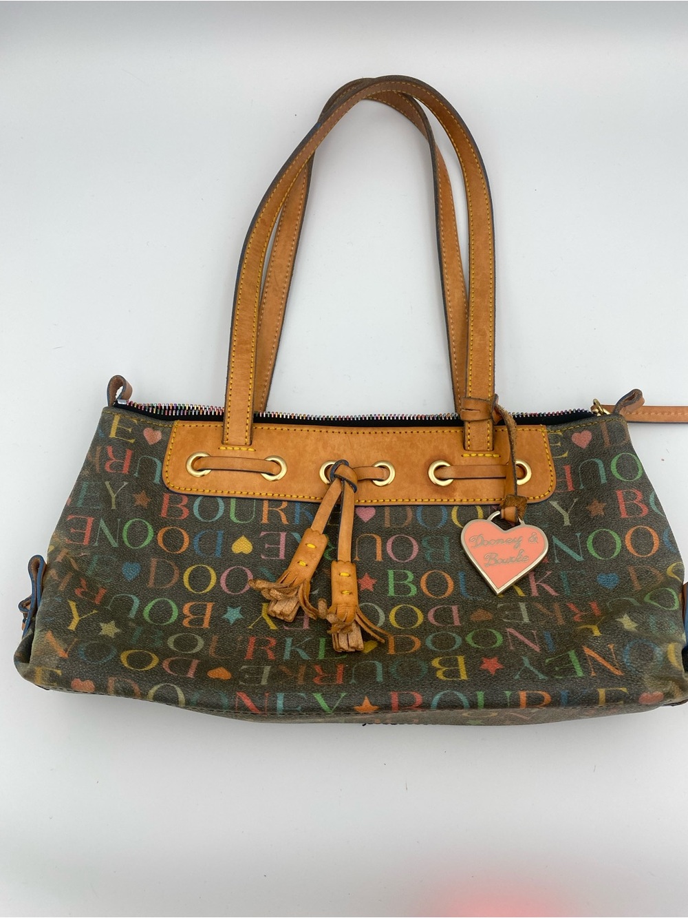 Dooney & Bourke Multicolor Logo Shoulder Bag with Tan Leather